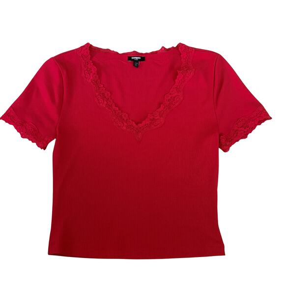 Express Fitted Lace Trim Top S Red Y2K Style Baby Tee Romantic Holiday Ribbed - Picture 2 of 5